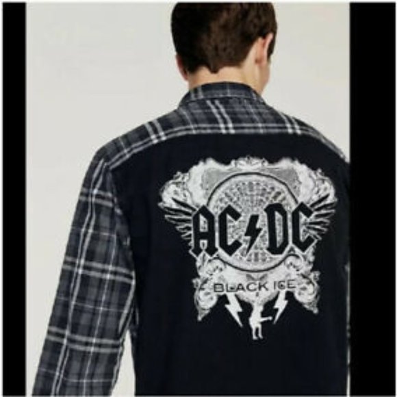 Zara Man AC/DC Black Ice Grey Plaid Shirt - Picture 1 of 10